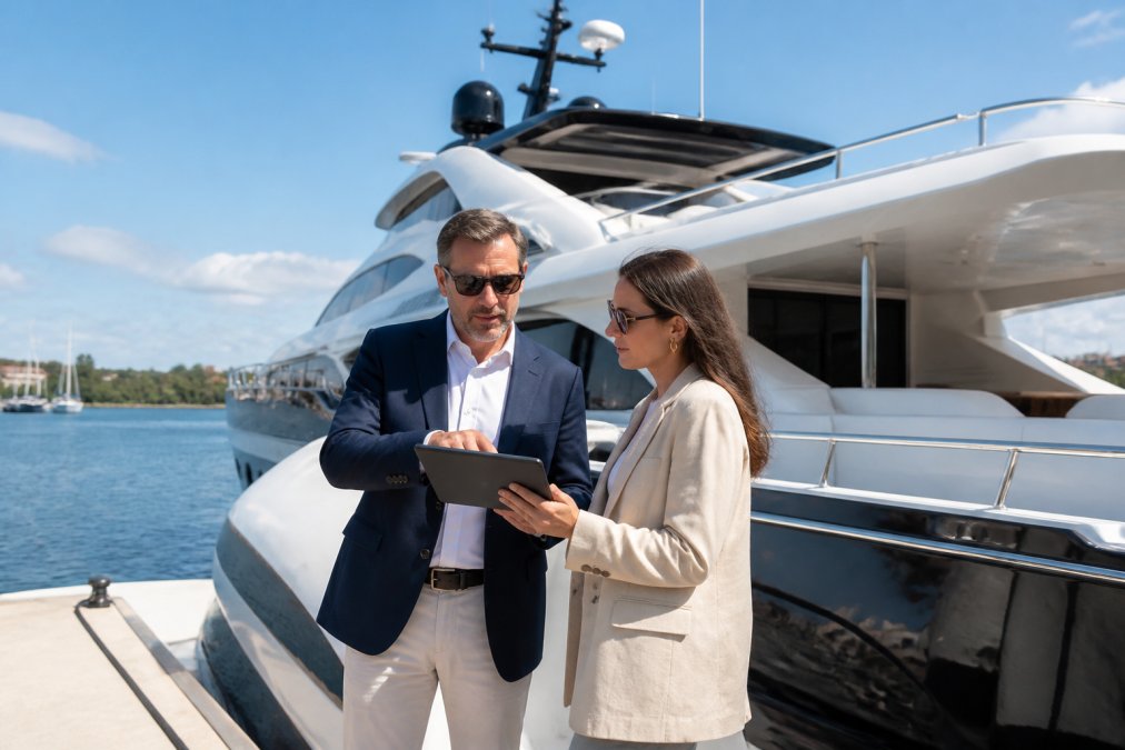 Professional yacht broker and client reviewing vessel specifications on tablet while standing on luxury motor yacht dock, ocean and marina visible in background on clear day