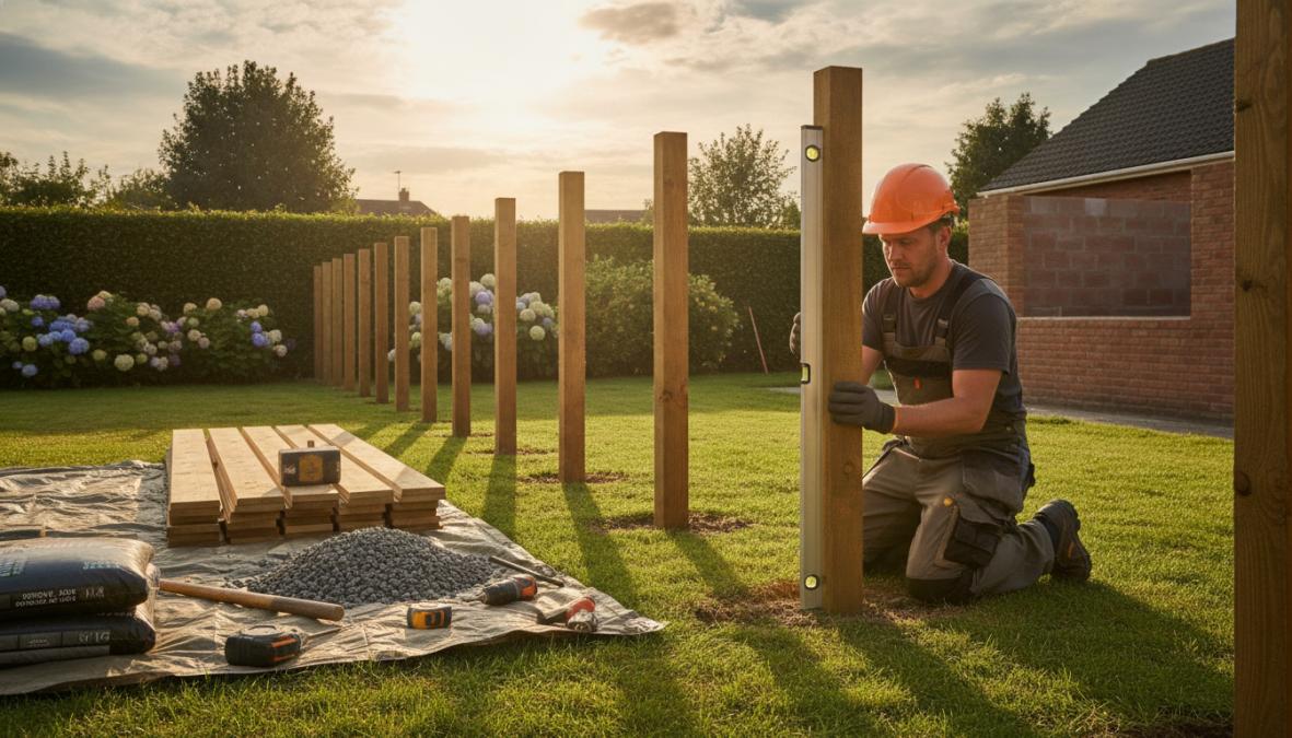 Close-up van een metalen paalhouder die met een slaghamer in vaste zandgrond wordt gedreven naast een geplaatste hout-beton schutting, met zichtbare grondlagen en een kruiwagen op de achtergrond