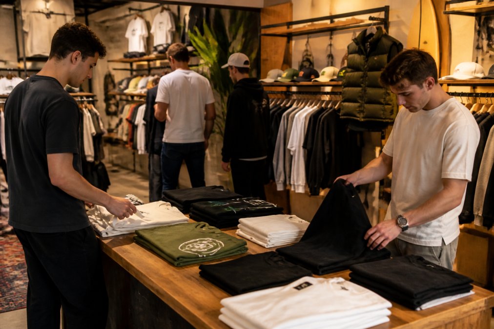Interieur van moderne streetwear winkel in Eindhoven met klanten die collecties bekijken, merchandise uitgestald op houten displays, warme verlichting en urban aesthetic
