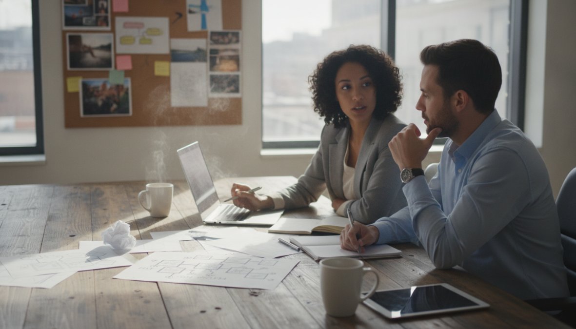 Webdesigner en ondernemer in gesprek aan bureau met laptops en schetsblokken, besprekend website-strategie met whiteboard vol aantekeningen
