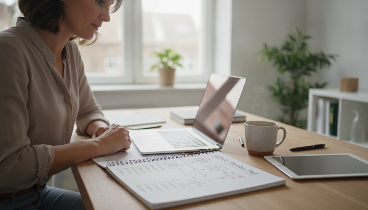 MKB-ondernemer zit aan een opgeruimd houten bureau [met een](/bouw-vertrouwen-en-zichtbaarheid-met-een-portfolio/) open laptop en een notitieboek vol aantekeningen, een kop koffie naast zich, moderne kantooromgeving met groot raam en daglicht