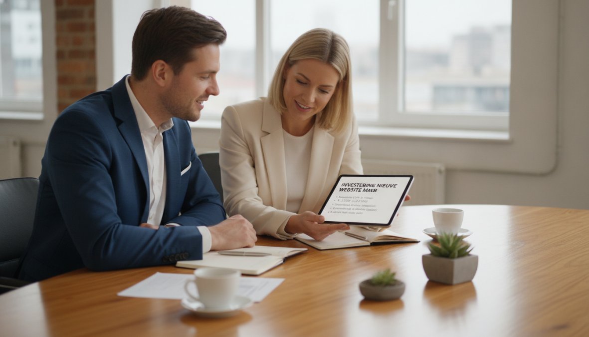 Twee zakelijke professionals, een man en een vrouw, zitten aan een moderne vergadertafel en bekijken een tablet waarop een offerte of prijsoverzicht te zien is, vriendelijke sfeer, kantooromgeving met planten op de achtergrond
