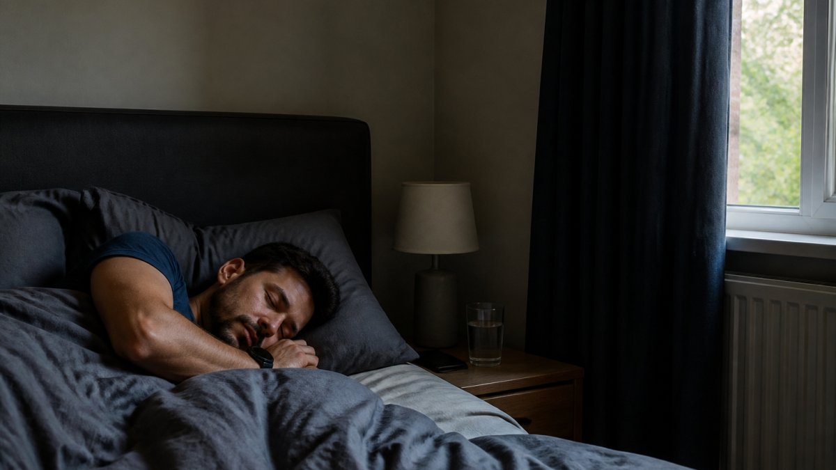 Shift worker resting in a darkened bedroom during daytime, with blackout curtains drawn and a cool, quiet environment visible, soft bedding visible in low light