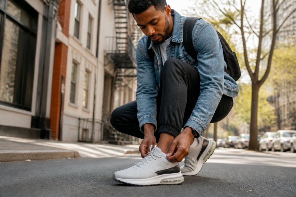 Person wearing comfortable everyday sneakers while walking on a city street, examining the shoe's cushioning and design details with natural outdoor lighting