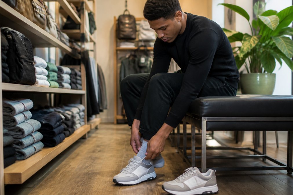 Person trying on sneakers in a retail setting, examining fit and comfort while seated with natural lighting