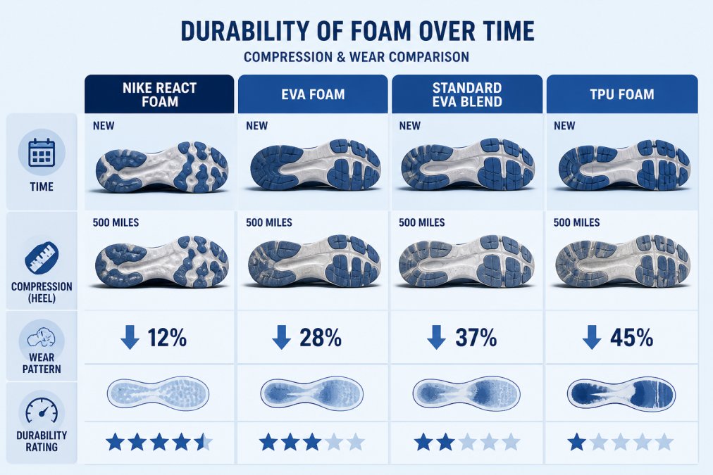 Close-up of multiple sneaker soles arranged side-by-side on a neutral surface, showing varying levels of foam compression and wear patterns under natural studio lighting