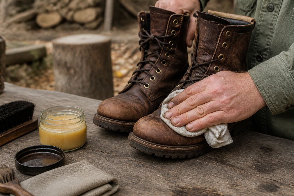 Hands rubbing beeswax into weathered leather work boots as a natural nikwax alternative on a wooden workbench.