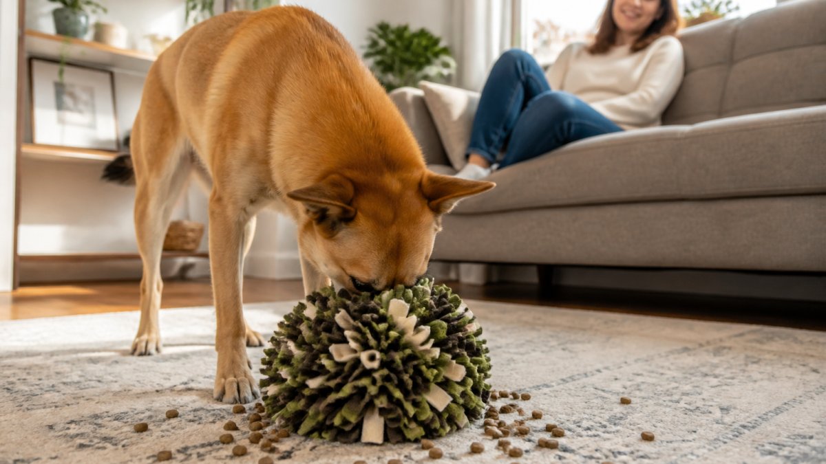 A medium-sized dog nosing through a soft fleece snuffle ball on a living room rug, kibble scattered around, owner watching from a couch in soft natural light