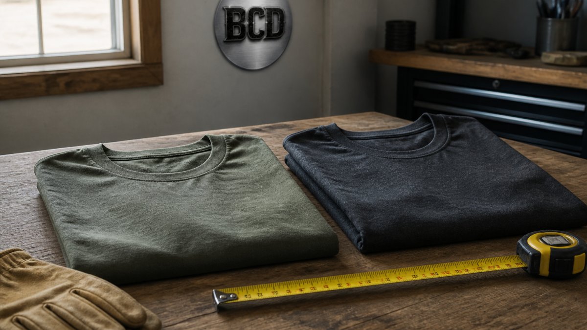 Two folded graphic t-shirts laid flat on a weathered wooden workbench next to a measuring tape and a pair of work gloves, natural daylight from a garage window