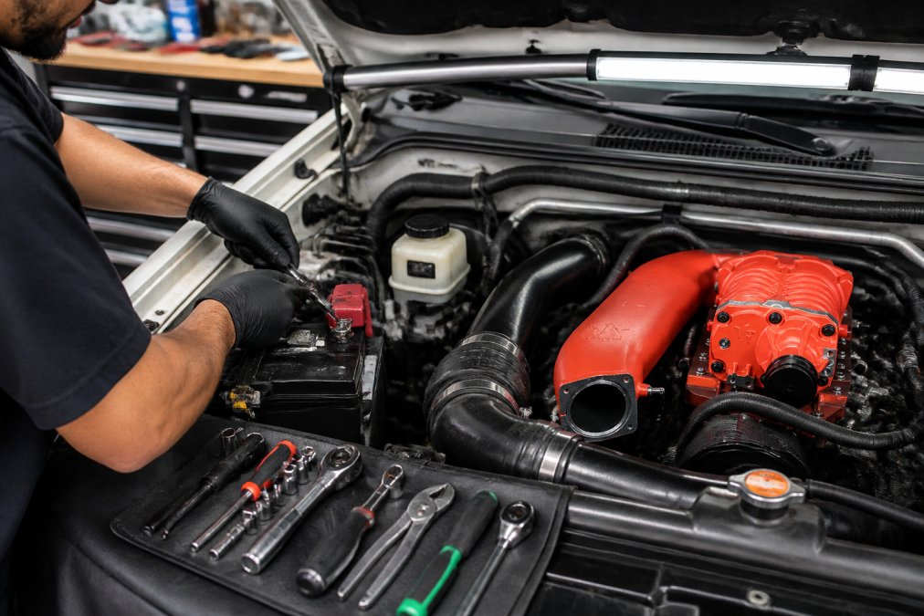 Mechanic with organized tools and equipment preparing a Nissan Frontier engine bay for supercharger installation, battery terminal disconnected, engine bay cleaned and well-lit