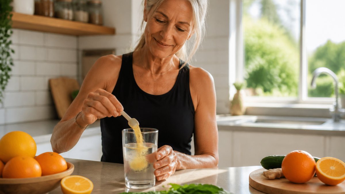 A close-up of a glass of water on a kitchen counter with a scoop of lemon-yellow powder being stirred in, fresh oranges and spinach nearby in soft morning light