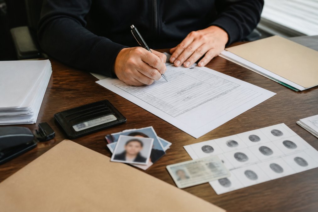 Person completing paperwork at a desk with documents, pen, identification materials, and a completed application form spread out, representing the SORA application submission process