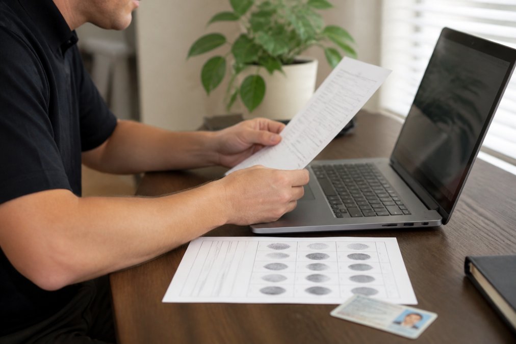 A person at a desk reviewing SORA application paperwork on a laptop, with a fingerprint card and photo ID visible beside the keyboard in a bright room