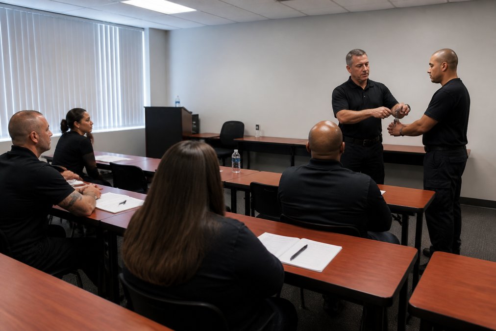 A small group of adult students in a bright classroom watching an instructor demonstrate security procedures, with notebooks and a projector screen visible
