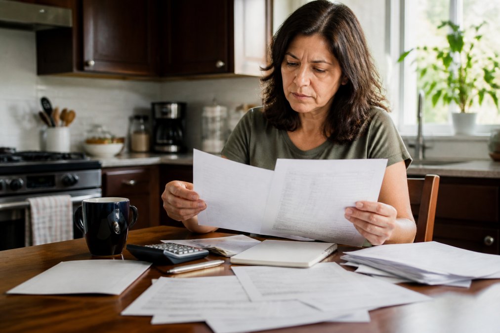 Homeowner reviewing property tax assessment letters and documents at kitchen table with calculator, coffee, and financial statements in natural afternoon light
