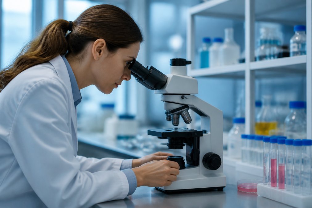 Scientist examining cellular samples for nmn and pterostilbene synergy explained via glowing mitochondria in a lab