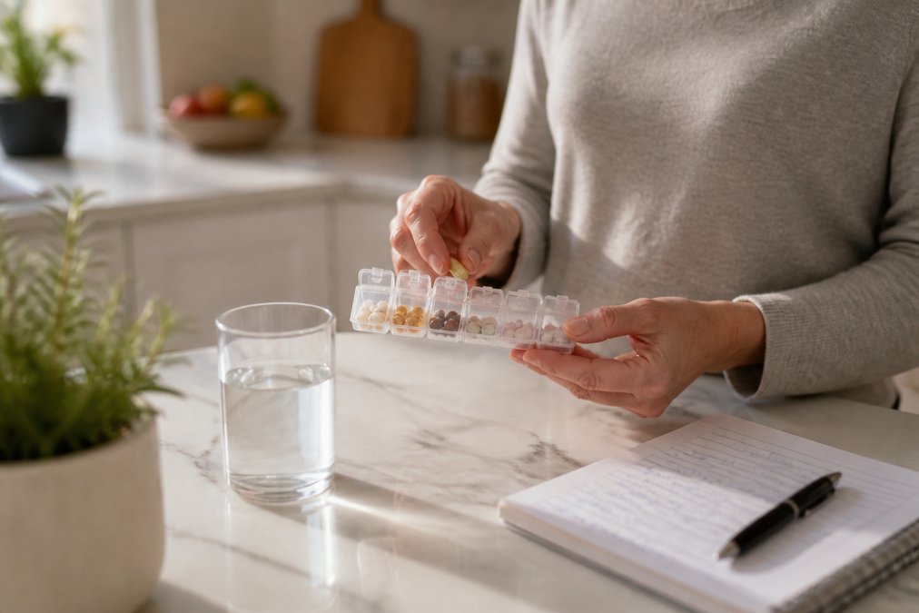 A close-up of a person's hands holding a daily supplement organizer with capsules, a glass of water, and a notebook with health notes on a bright kitchen counter