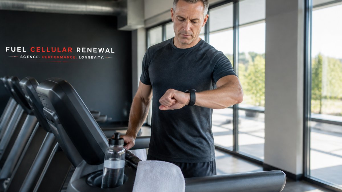 Runner checking a fitness watch while training on a treadmill in a bright gym setting