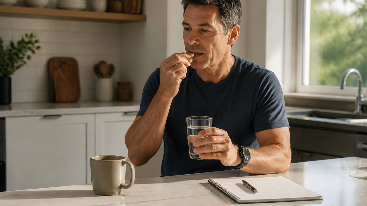A man in his 40s taking a supplement capsule with a glass of water at a sunlit kitchen counter in the morning, with a coffee mug and daily planner nearby