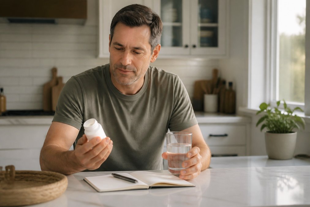 A person in their 40s holding a small NMN supplement bottle and a glass of water at a kitchen counter, with a notebook and pen nearby for tracking dosage, soft morning light through a window