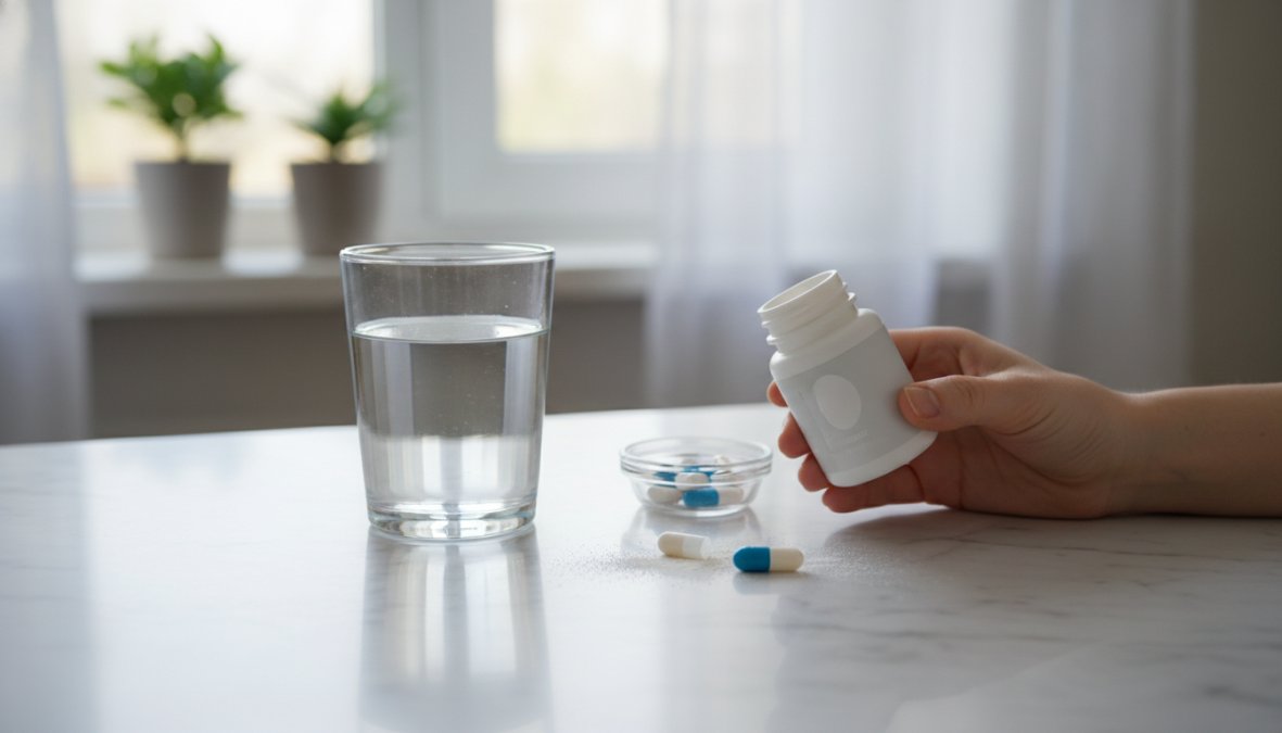 Close-up of a person's hand holding a small white dietary supplement capsule with a glass of water on a clean white countertop, natural morning light