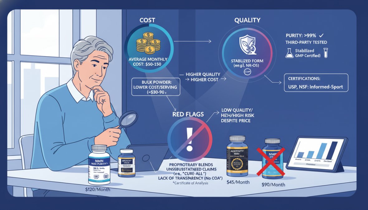 Person in their 50s sitting at a kitchen table reviewing supplement bottles and reading product labels carefully, bright natural light, thoughtful expression