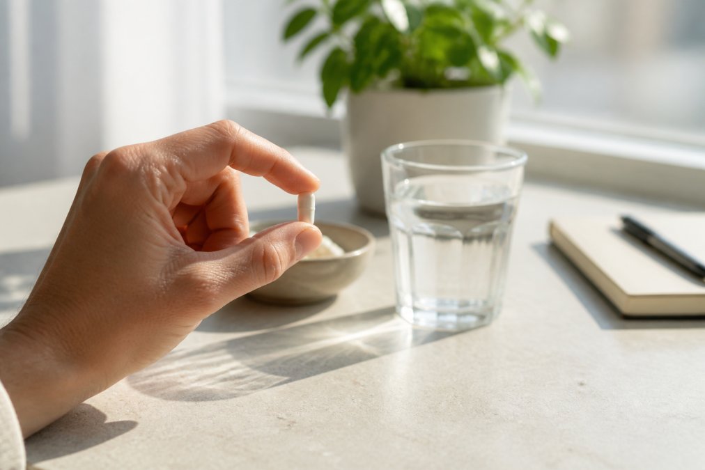 Person's hand holding a supplement capsule with a glass of water on a clean, minimalist desk with natural morning light streaming across the surface