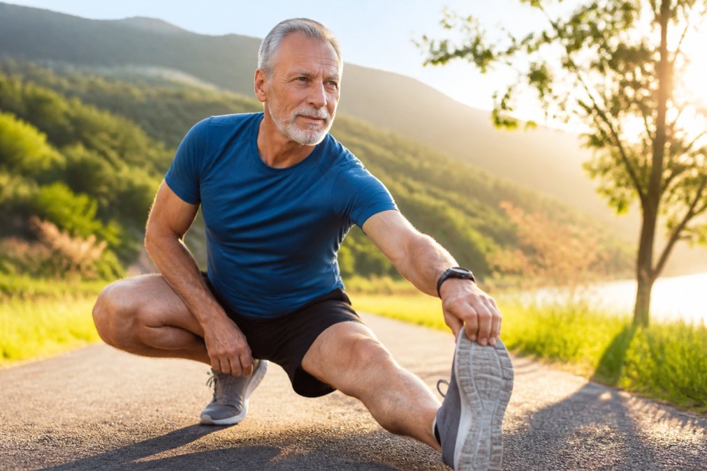 Active older adult in fitness attire stretching outdoors in natural daylight, appearing energetic with morning sunlight illuminating the scene