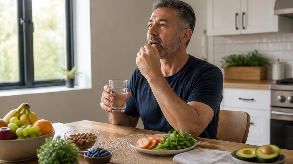 Adult in their 40s-50s taking a supplement with a glass of water at breakfast, sitting at a kitchen table with healthy foods visible