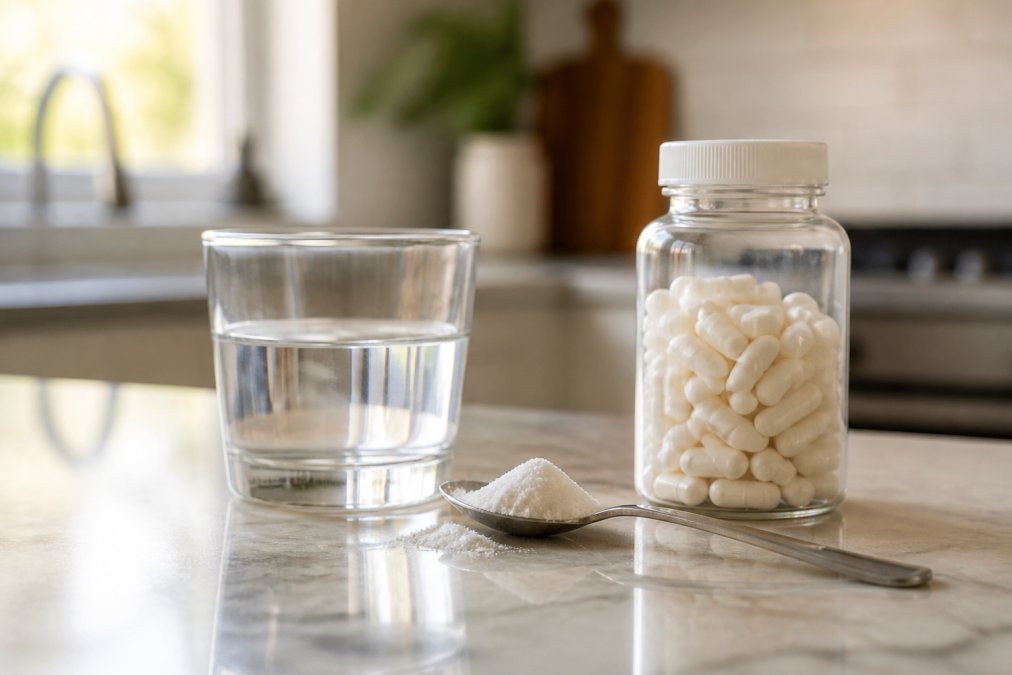 A clean kitchen counter in morning light showing a small glass of water next to a spoon holding white powder, with a clear supplement bottle of capsules placed nearby