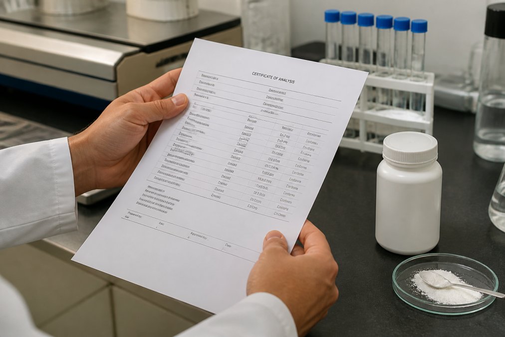 Close-up of a person's hands holding a printed Certificate of Analysis document, with a supplement bottle and laboratory setting blurred in the background