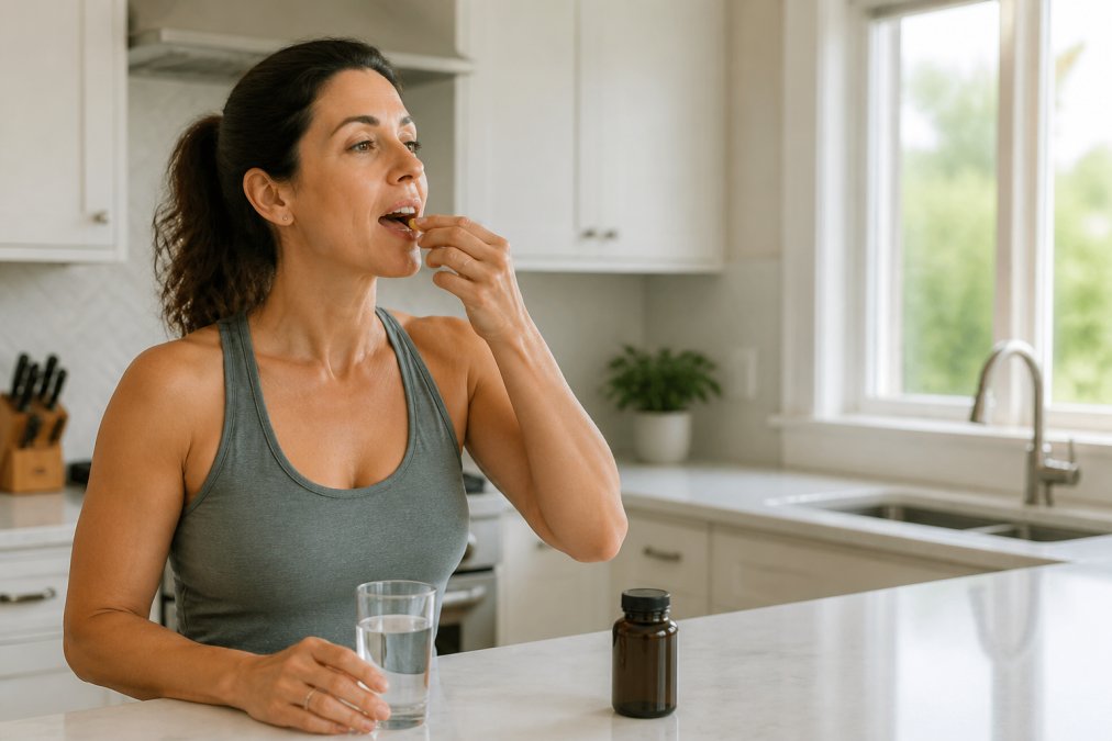 A health-conscious adult in their mid-40s placing a supplement capsule on their tongue with a glass of water on a clean kitchen counter in the morning, bright natural light streaming through a window