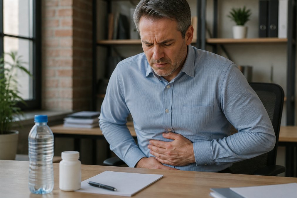 Middle-aged professional at desk holding stomach area with discomfort expression, water bottle and supplement bottle on workspace, natural office lighting