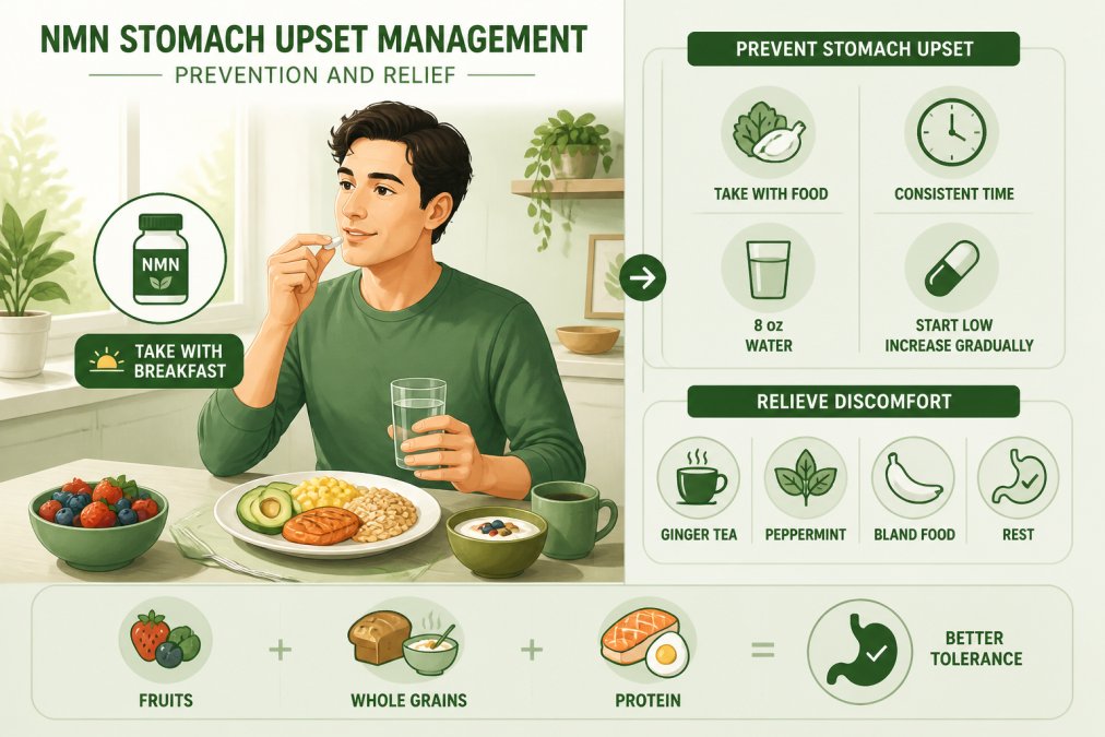 Person taking NMN supplement with breakfast at dining table, healthy meal with fresh fruits, whole grains, and protein sources visible, natural morning lighting