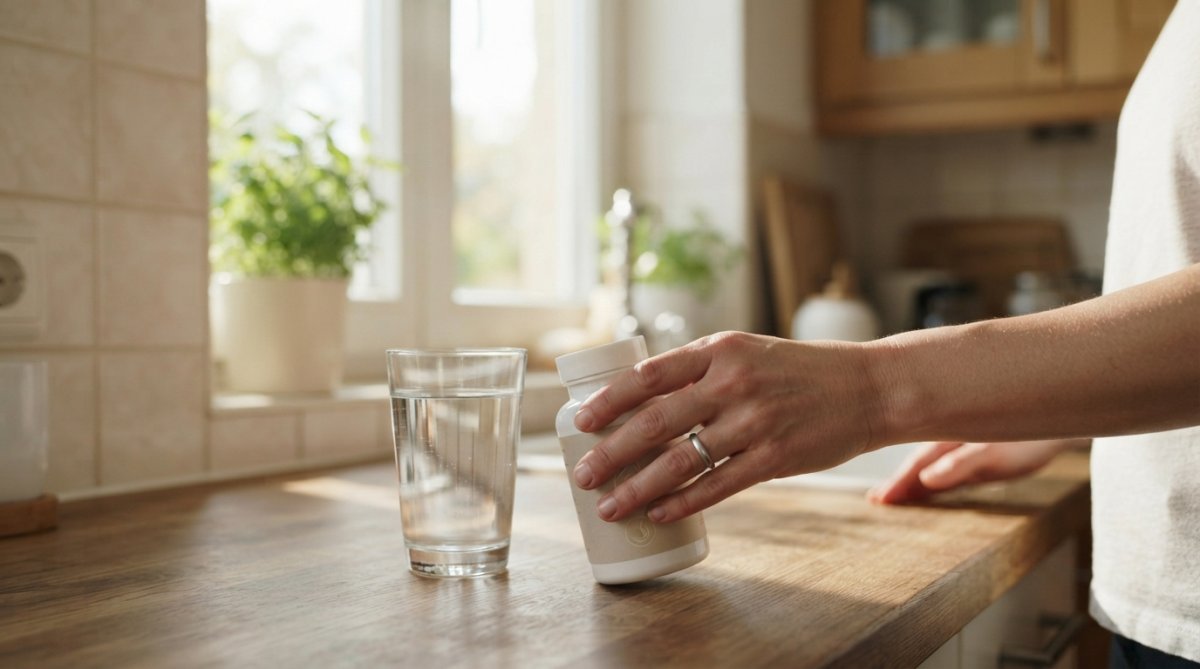 A person's hand holding a small white supplement bottle near a glass of water on a bright kitchen counter, morning sunlight streaming through a window
