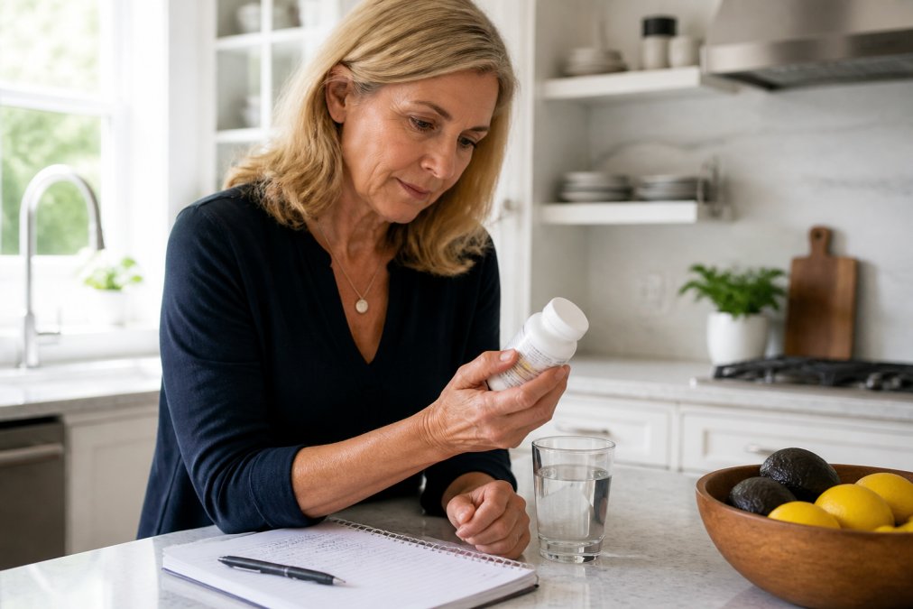 A health-conscious adult in their 50s examining a supplement bottle in a bright kitchen, with a glass of water and a notebook with health notes on the counter