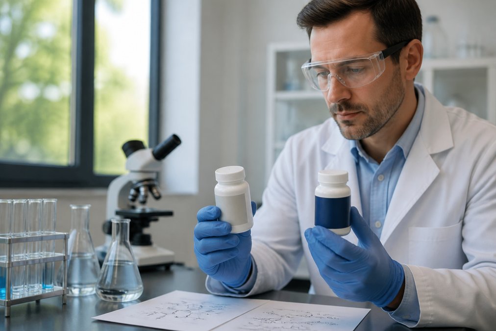 Professional researcher examining NAD+ precursor supplement bottles and molecular structure diagrams in modern laboratory setting with natural window lighting