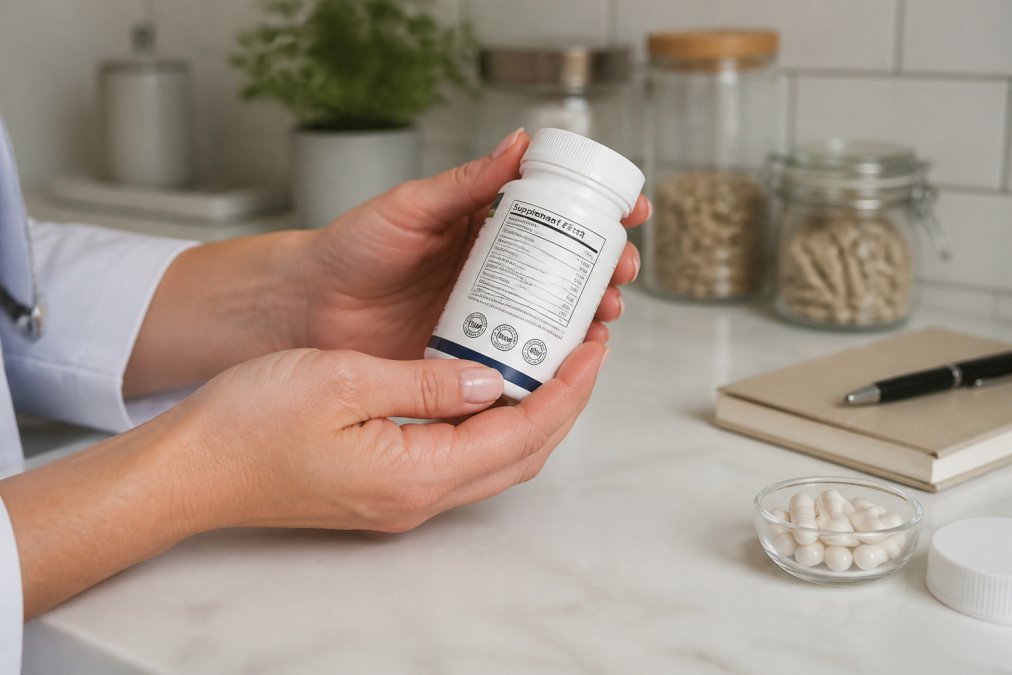 Hands holding a premium NAD+ supplement bottle with visible third-party testing certification label and detailed ingredient information on clean white surface