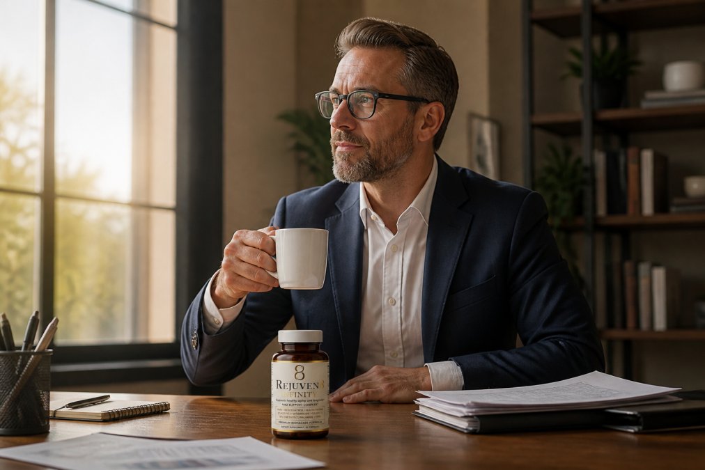 Middle-aged professional at desk looking focused and energized, with morning sunlight streaming through office windows, holding a cup of coffee