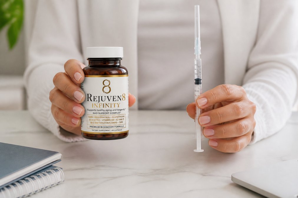 Close-up of hands holding a supplement bottle and a medical syringe side by side on a clean white surface with soft lighting