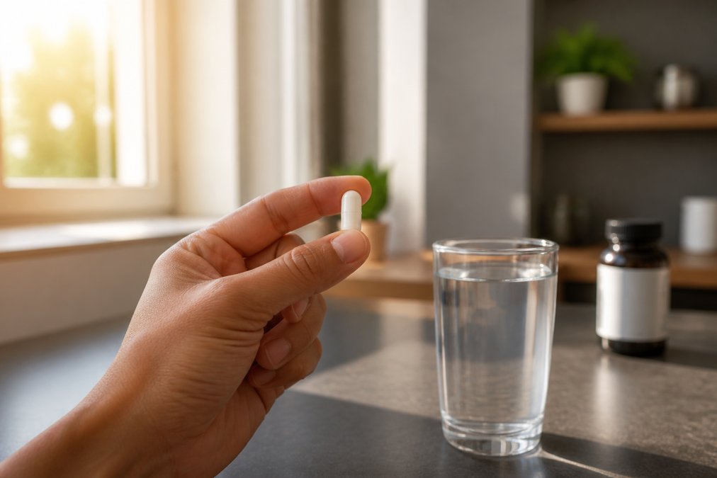 A close-up of a person's hand holding a small white supplement capsule over a kitchen counter, with a glass of water nearby and soft morning light in the background