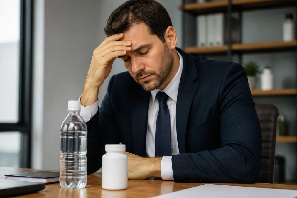 Professional in business attire at desk holding head with one hand, appearing fatigued or experiencing mild discomfort, with water bottle and supplement bottle nearby on desk