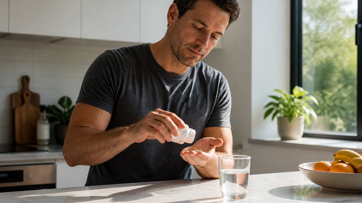Person in their 40s taking a supplement capsule with a glass of water in a sunlit kitchen