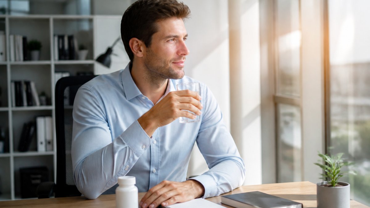 Professional in modern office setting appearing focused and energized at desk with morning light streaming through windows, holding a glass of water with supplement bottle nearby