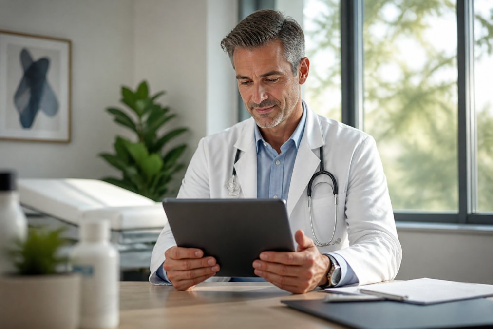 Professional in modern clinic setting with natural lighting, appearing energized and focused while reviewing cellular health data on a tablet, representing vitality and mental clarity