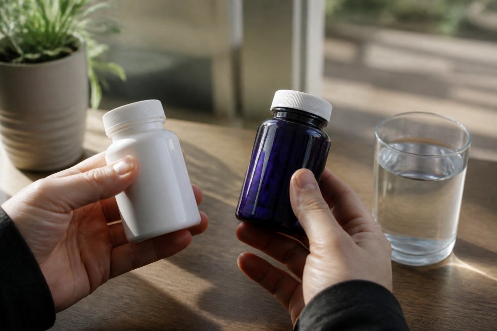 Close-up of hands holding supplement bottles and a glass of water on a wooden surface in natural morning light, representing daily supplementation routine for cellular health