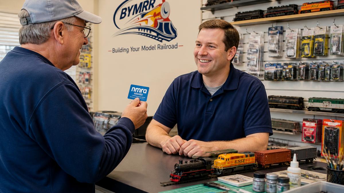 Model railroad hobbyist at a hobby shop counter speaking with a staff member, holding NMRA membership card, with model locomotives and hobby supplies visible on shelves in the background