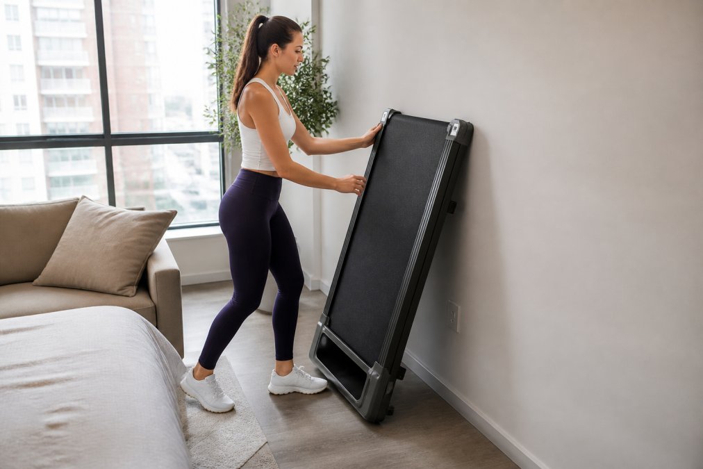 Professional setting up a foldable treadmill in a small apartment bedroom corner, showing compact storage with built-in transport wheels visible, natural daylight from window