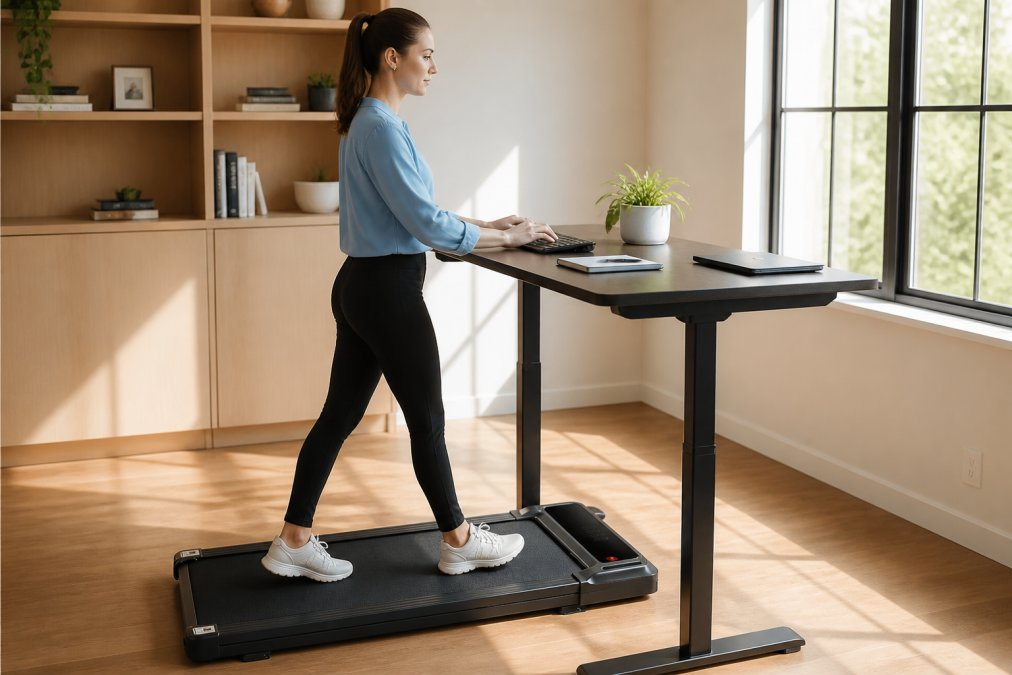 Professional working at standing desk with compact treadmill underneath, typing on keyboard while walking steadily, natural office lighting from window creating shadows on desk surface