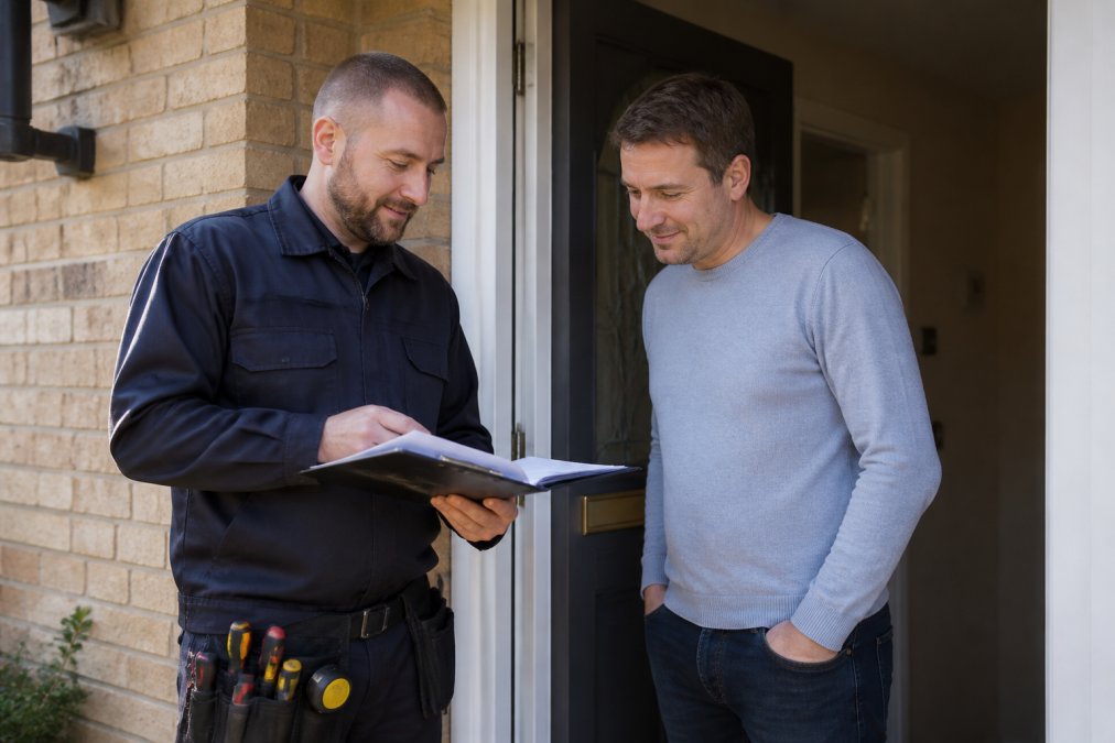 Professional locksmith in uniform discussing service quote document with homeowner at front door, both looking at paperwork, natural daylight